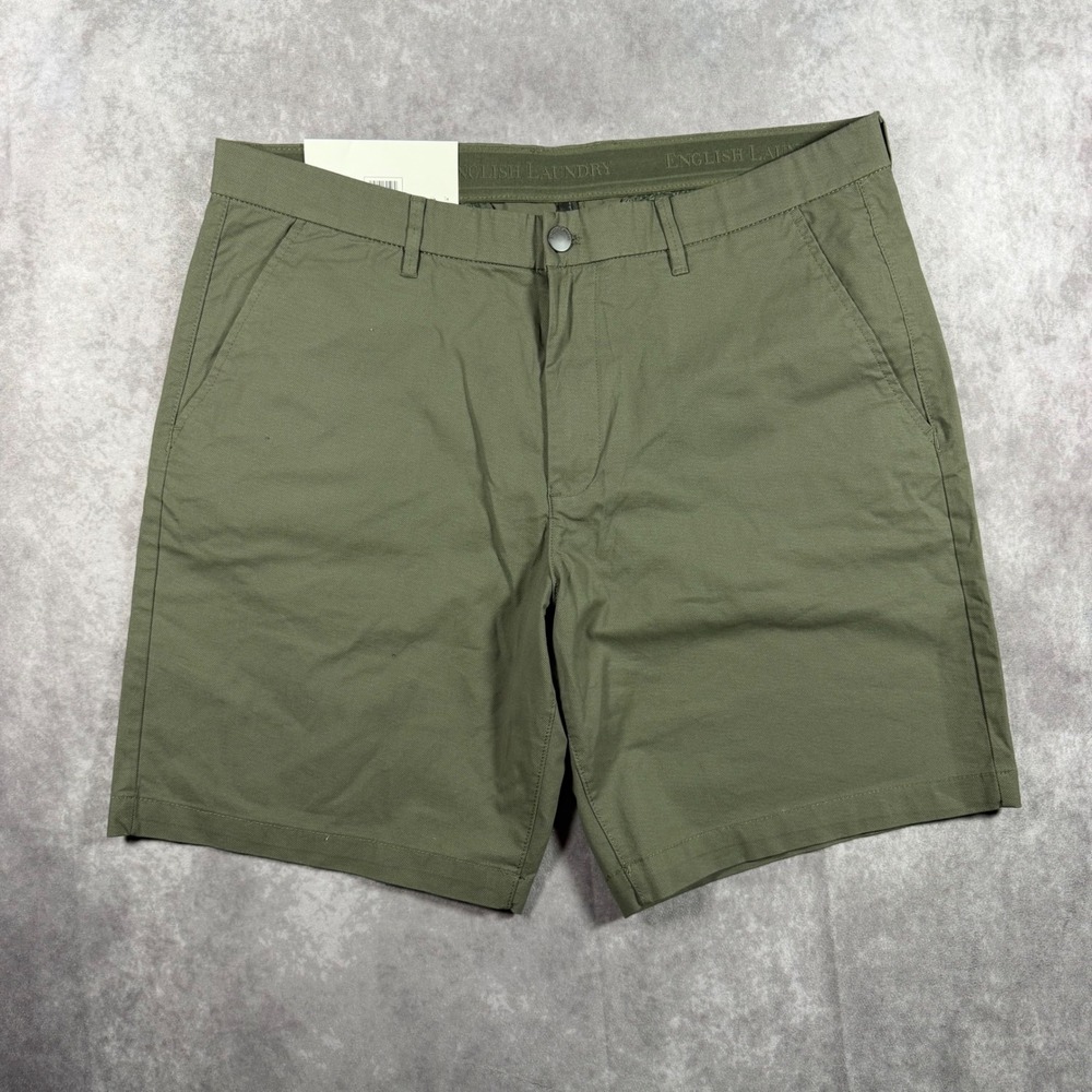 English Laundry Mens Flat Front Shorts Olive Green 36 Flex Waistband 9in Inseam